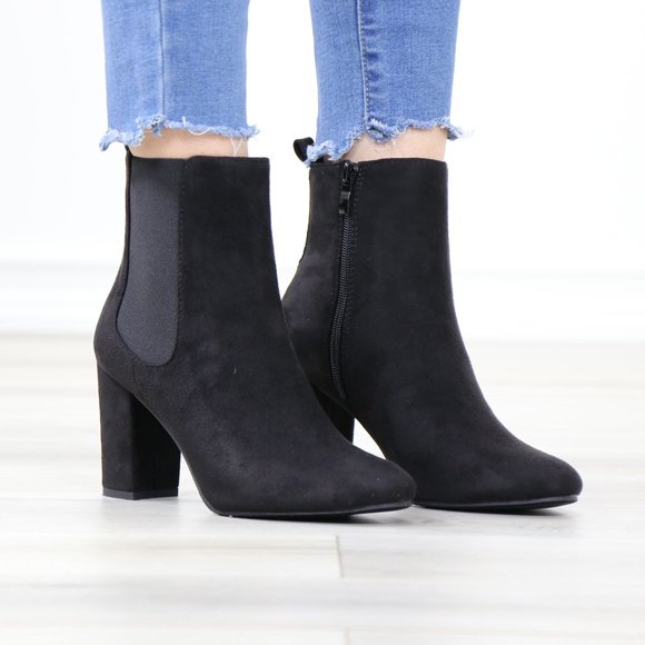 Shoes - Black Suede Chelsea Block High Heel Above Ankle Boots